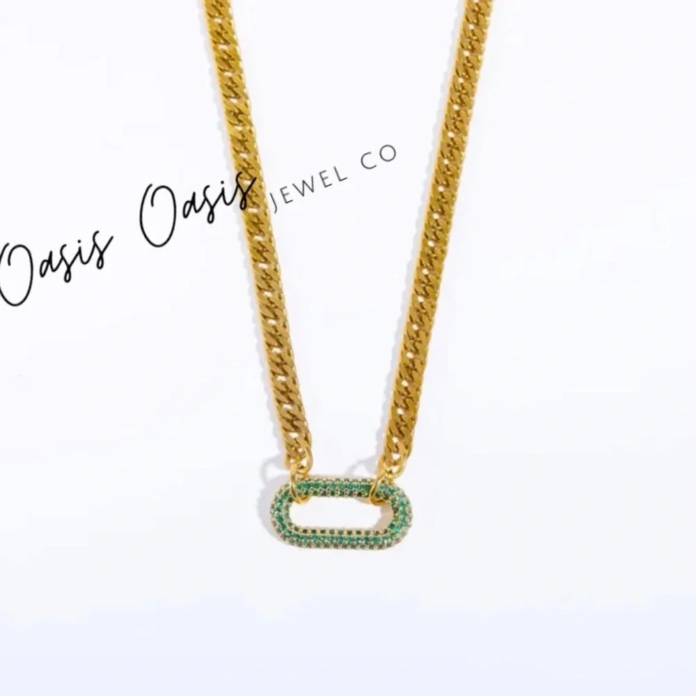Unisex Gold (White & Green Crystal Stone) Link Chain Necklace - Picture 4 of 6